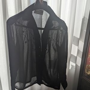 Denise Cape Proportion Petite button-up sheer embroidered shirt